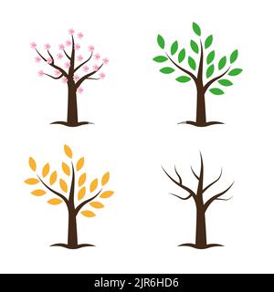 Tree collection in four seasons. Spring Summer Autumn Winter. Vector illustration isolated on white background Stock Vector
