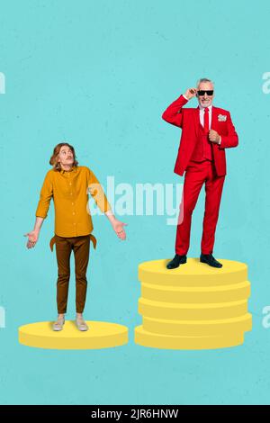 Photo collage 3d image pinup postcard poster of two handsome man stands huge big golden coins isolated on painting blue background Stock Photo