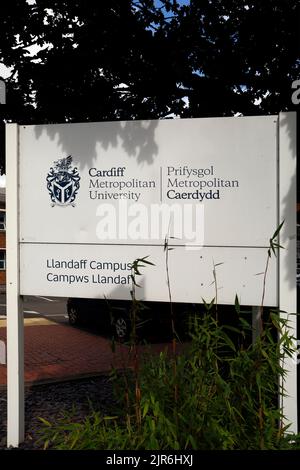 Cardiff Metropolitan University board outside main building. Cardiff. August 2022. bilingual. Stock Photo