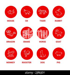 Chinese Zodiac Circles Icons Set Stock Vector