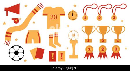 Set of items for playing football isolated on white background. Elements of icons for the sports game of football. Stock Vector