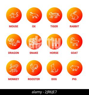 Chinese Zodiac Line Icons Set Red Stock Vector