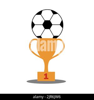 Soccer ball with medal and championship winner cup. Football game attributes for postcard, logo or design. Flat illustration. Stock Vector