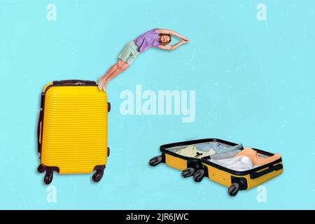 Photo sketch graphics artwork picture of funny funky guy jumping inside open luggage isolated drawing background Stock Photo