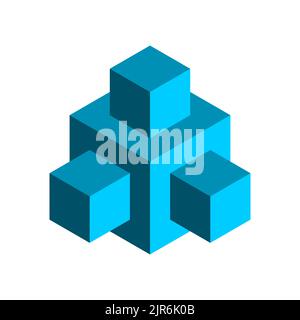 Blue tower made of cubes. Construction, architecture concept. Puzzle game blocks. Abstract geometric technology shape. Square isometric projection. Stock Vector