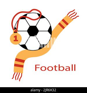 Soccer ball with a ballerina scarf and a prize medal. Football game attributes for postcard, logo or design. Flat illustration. Stock Vector
