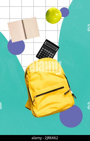 Trend advert collage of school discount special offer first september copybook rucksack calculator isolated paint background Stock Photo