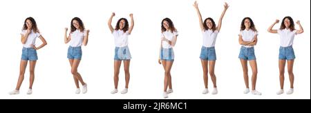 Set of full length portriats of young woman in casual clothes shirt and shorts isolated on white background Stock Photo