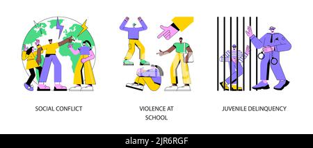 Unlawful behavior abstract concept vector illustration set. Social conflict, violence at school, juvenile delinquency, teenage crime, vandalism act, social relations, bullying abstract metaphor. Stock Vector