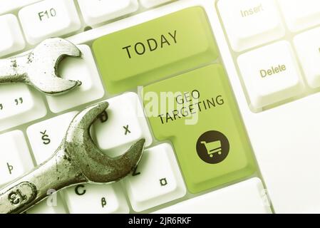 Handwriting text Geo Targeting. Business concept Digital Ads Views IP Address Adwords Campaigns Location -49167 Stock Photo
