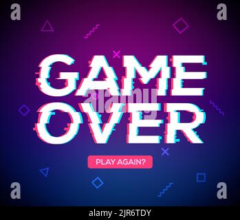 Game over screen glitch video retro pixel background. Game over glitch screen font effect Stock Vector