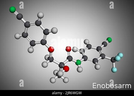 Enobosarm, ostarine molecule. It is non-steroidal agent with anabolic activity, selective androgen receptor modulator SARM. Molecular model. 3D render Stock Photo