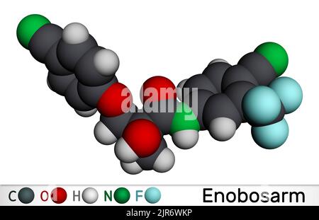 Enobosarm, ostarine molecule. It is non-steroidal agent with anabolic activity, selective androgen receptor modulator SARM. Molecular model. 3D render Stock Photo