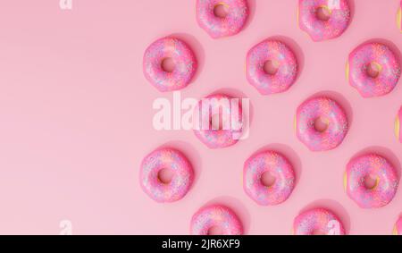 Pink frosted donut background with sprinkles. 3D Rendering Stock Photo