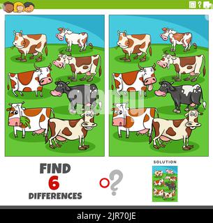 Cartoon illustration of finding the differences between pictures educational game with cows farm animal characters Stock Vector