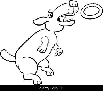 Black and white cartoon illustration of funny dog jumping and catching a ring toss toy coloring page Stock Vector