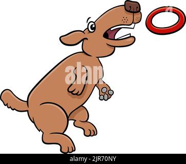 Cartoon illustration of funny dog jumping and catching a ring toss toy Stock Vector