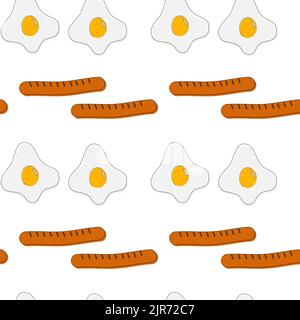 A seamless pattern on a transparent background of fried eggs and sausages. Isolate. Background. Texture. A template for a banner, poster, wrapping paper, napkins, paper towels. Stock Vector