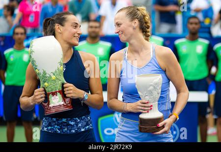 Caroline Garcia of France & Petra Kvitova of the Czech Republic pose with their trophies after the final of the 2022 Western & Southern Open, WTA 1000 tennis tournament on August 21, 2022 in Cincinnati, United States - Photo: Rob Prange/DPPI/LiveMedia Stock Photo