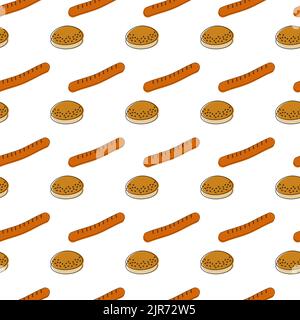 A seamless pattern with a sausage and a bun for a hot dog on a transparent background. Street food. Lifestyle. Happy day of food. Isolate. Fashion print design. Stock Vector