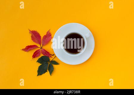 Coffee white mug autumn leaves top view. Autumn creative minimalistic composition on an orange background. Grape leaves are red and green. The concept Stock Photo