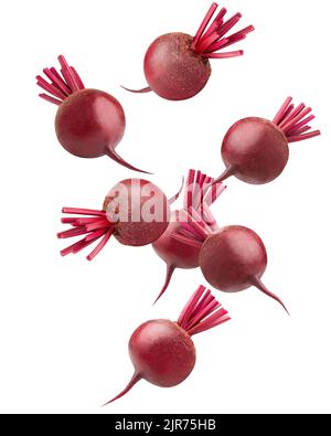 Falling beetroot isolated on white background, clipping path, full depth of field Stock Photo