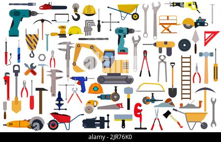 Repair tool icon service and setting work equipment sign isolated set. Construction workshop vector illustration. Fix mechanic symbol and engineering Stock Vector
