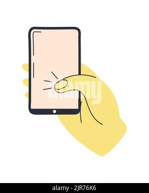 Colorful hands holding smartphone. Different gestures sign vector. Stock Vector