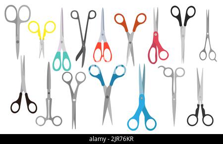 Scissors cartoon metal accessories and barber haircut pair isolated icon set. Steel tool instrument vector illustration barber or sewing. Office equip Stock Vector