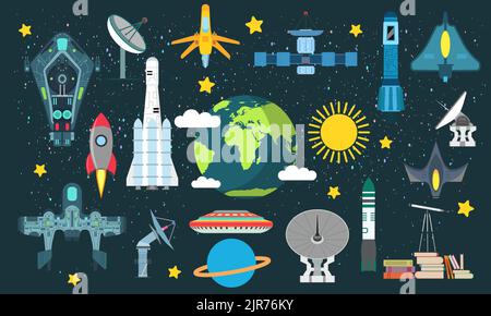 Space set science galaxy astronomy and technology universe cartoon. Explorer planet collection vector illustration. Cosmos icon art satellite and spac Stock Vector
