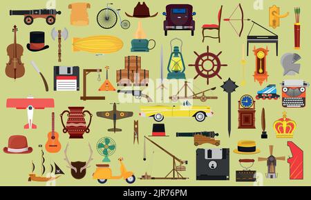 Vintage object set design element and retro icon collection isolated white. Antique symbol vector illustration classic equipment. Drawing history and Stock Vector