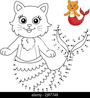 Dot to Dot Cat Mermaid Coloring Page for Kids Stock Vector
