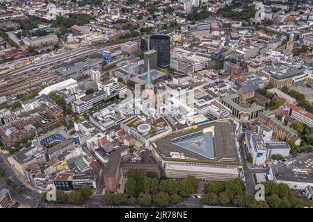 Aerial view, city center with Thier Galerie, evang. city church St. Petri, main station Dortmund and black RWE Tower in the district City in Dortmund, Stock Photo