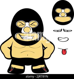 smiling chibi mexican wrestler cartoon expressions pack illustration in vector format Stock Vector