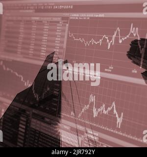 Corporate financial stock exchange business background with merged pictures of offices and a bear stock market crash curve graph chart Stock Photo