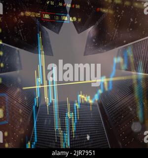 Corporate financial stock exchange business background with merged pictures of offices and a stock curve exchange graph chart Stock Photo