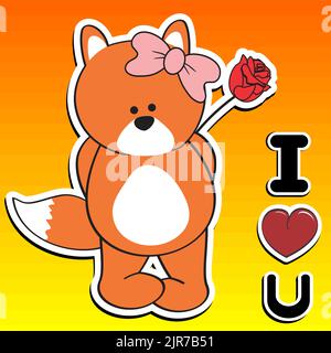 cute standing fox girl sticker cartoon holding red rose love illustartion in vector format Stock Vector