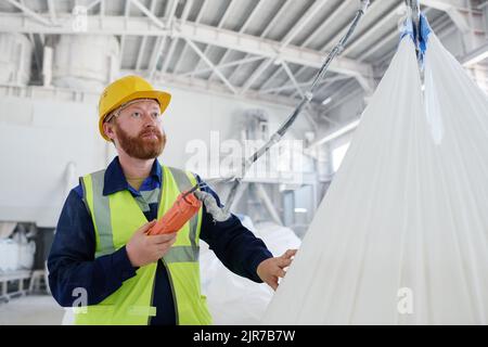 Young bearded engineer in workwear and hardhat lifting heavy load in factory while pressing buttons on remote control panel Stock Photo