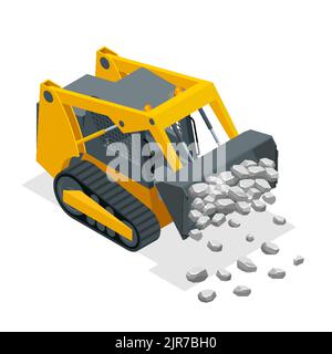 Isometric Compact Excavators. Yellow Skid Steer Loader. Stock Vector