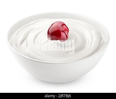 cherry with sour cream, yogurt, isolated on white background, clipping path, full depth of field Stock Photo