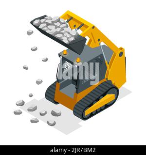 Isometric Compact Excavators. Yellow Skid Steer Loader. Stock Vector