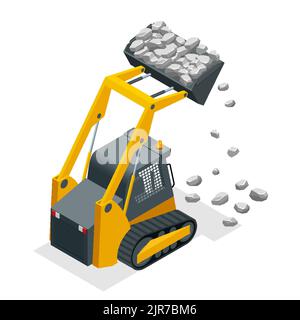 Isometric Compact Excavators. Yellow Skid Steer Loader. Stock Vector