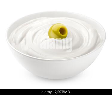olive with mayonnaise, sour cream, yogurt, isolated on white background, clipping path, full depth of field Stock Photo
