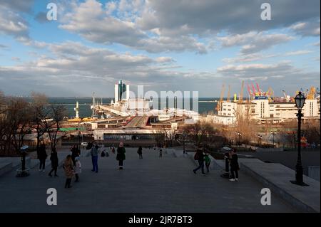 The view to the port and harbor from the Potemkin Stairs in Odesa Stock Photo
