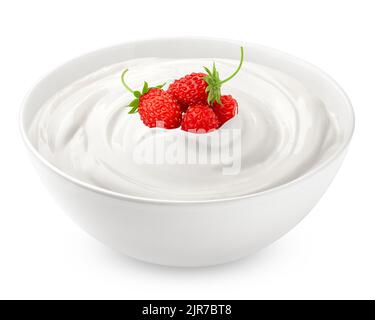 strawberry with sour cream, yogurt, isolated on white background, clipping path, full depth of field Stock Photo
