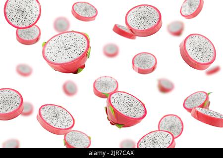 Falling dragon fruit slice, pitahaya, pitaya, isolated on white background, selective focus Stock Photo