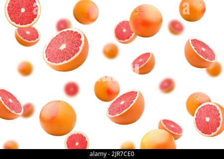 Falling grapefruits isolated on white background, selective focus Stock Photo
