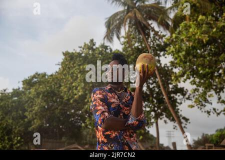 Frame of a young man looking into the distance and holding a large coconut with a straw. Stock Photo