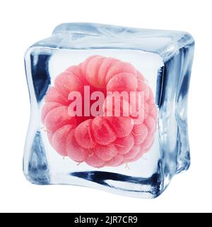 Raspberry in ice cube, isolated on white background, clipping path, full depth of field Stock Photo