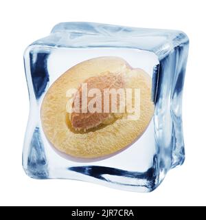 plum in ice cube, isolated on white background, clipping path, full depth of field Stock Photo